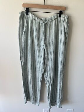 Hollister Light Green Blue Striped Women’s Linen Casual Drawstring Pants Size L